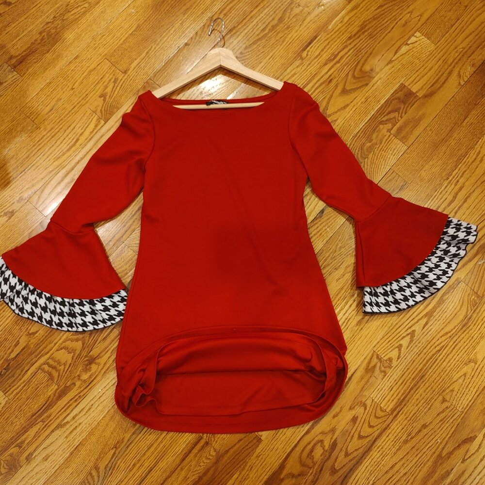 Red Dress, flared sleeves, black gingham, party dress by Basically, made in USA - Picture 6 of 8
